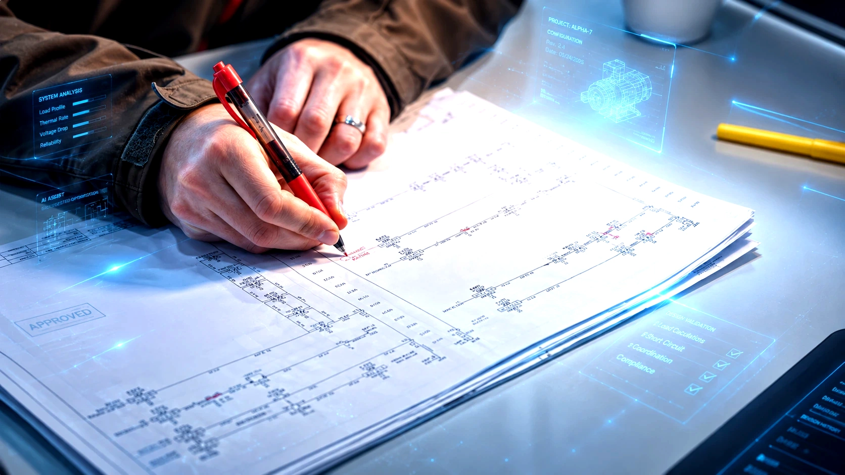 Engineers analyze product development plans on drawings