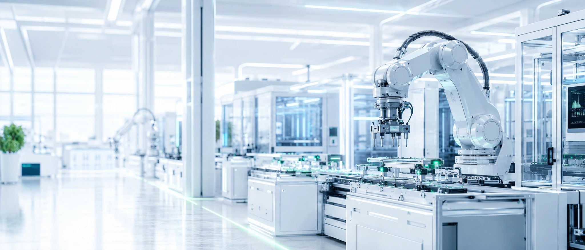 Light colored technology style factory and automated robotic arm background