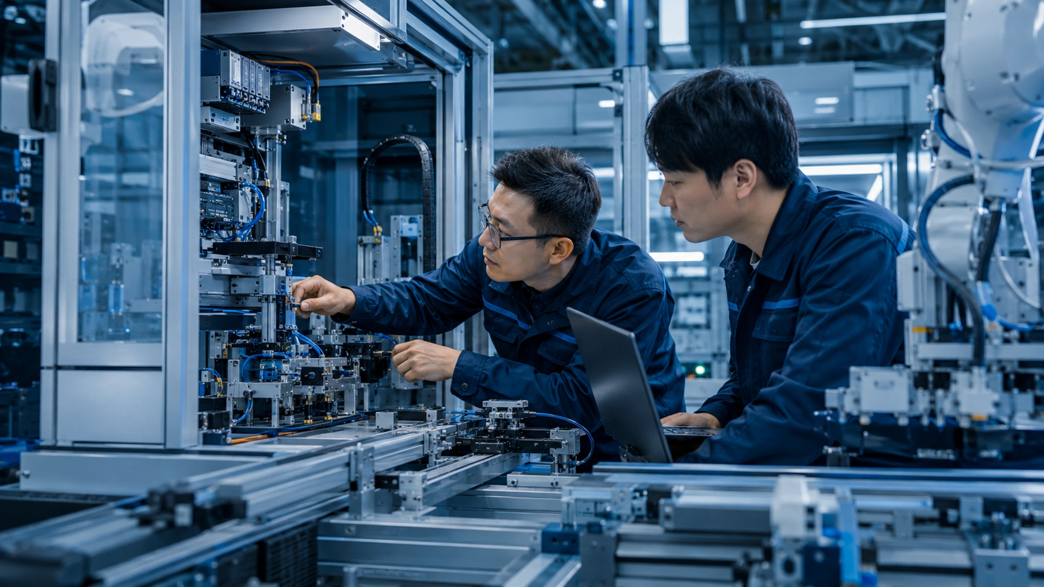 Engineers debug automation equipment
