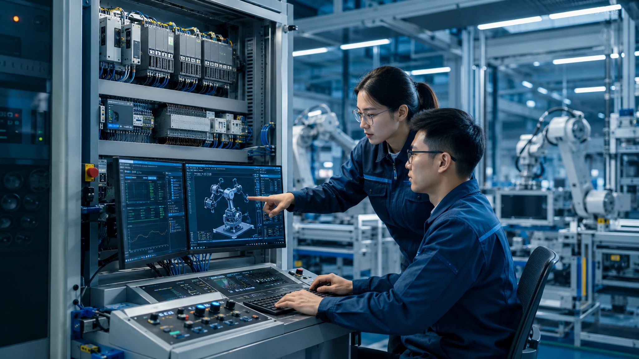 The engineer debugs the manufacturing automation system in front of the automation equipment console