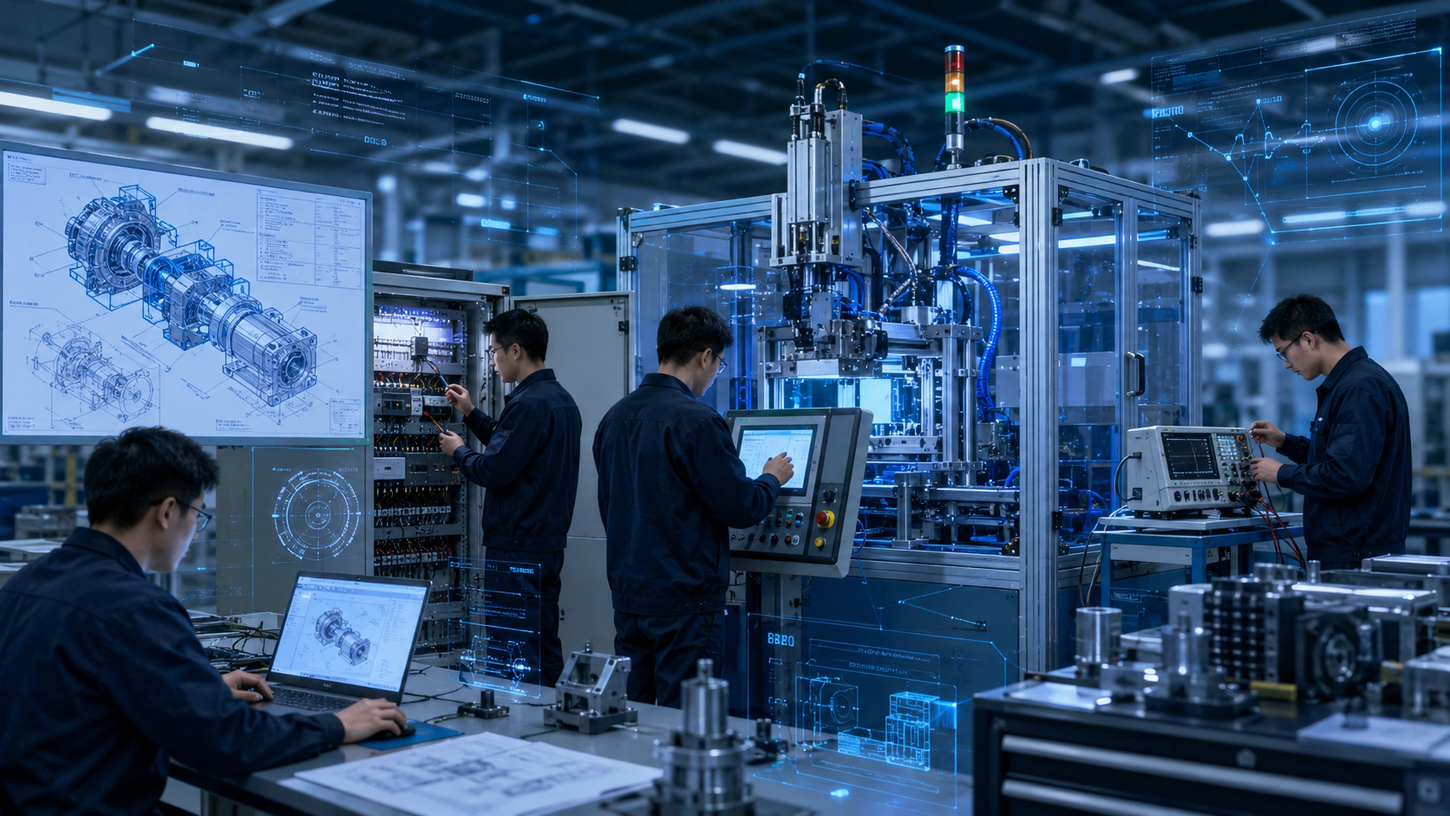 Cross disciplinary engineering team collaborates on mechanical and electrical testing and manufacturing at the automation equipment site