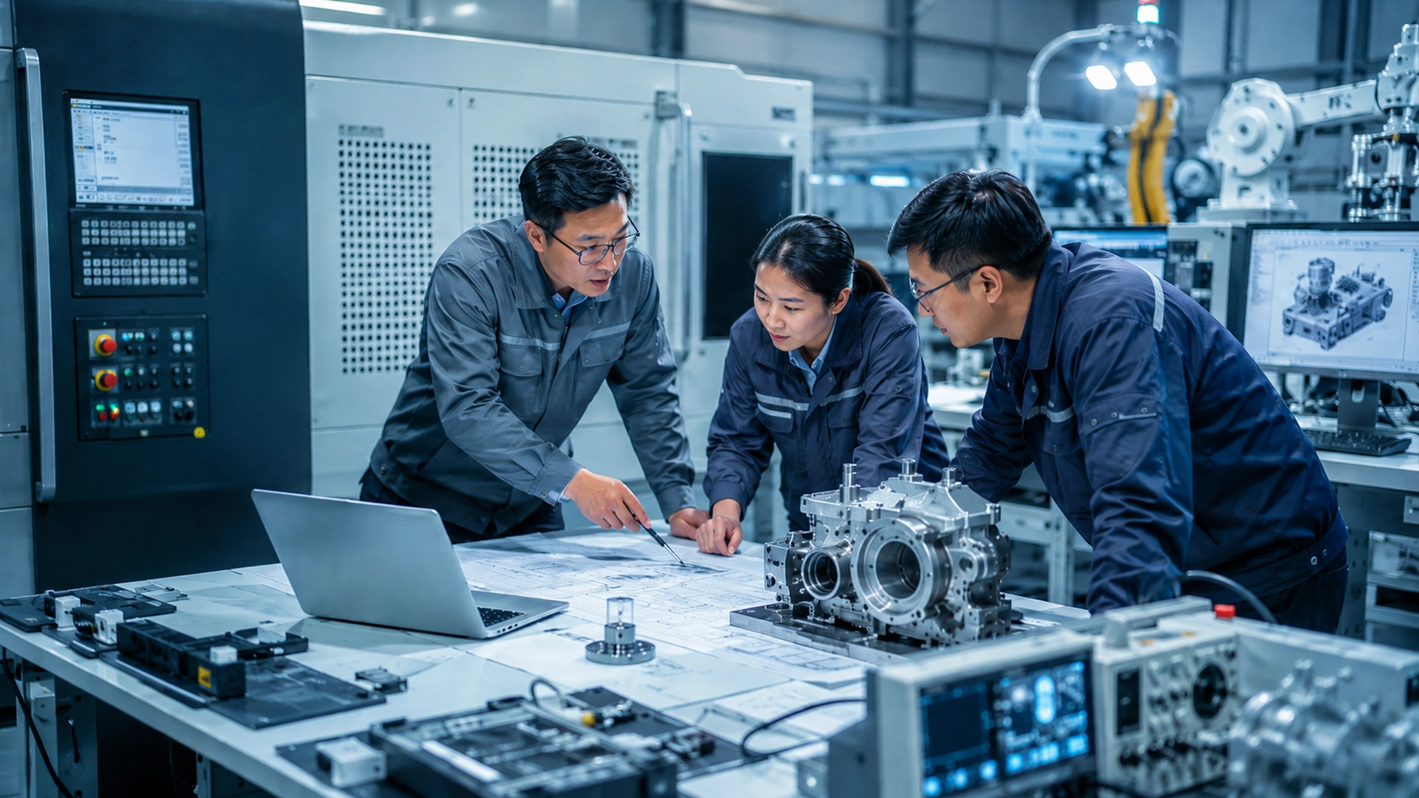 Chinese engineering team discusses equipment solutions in manufacturing workshop