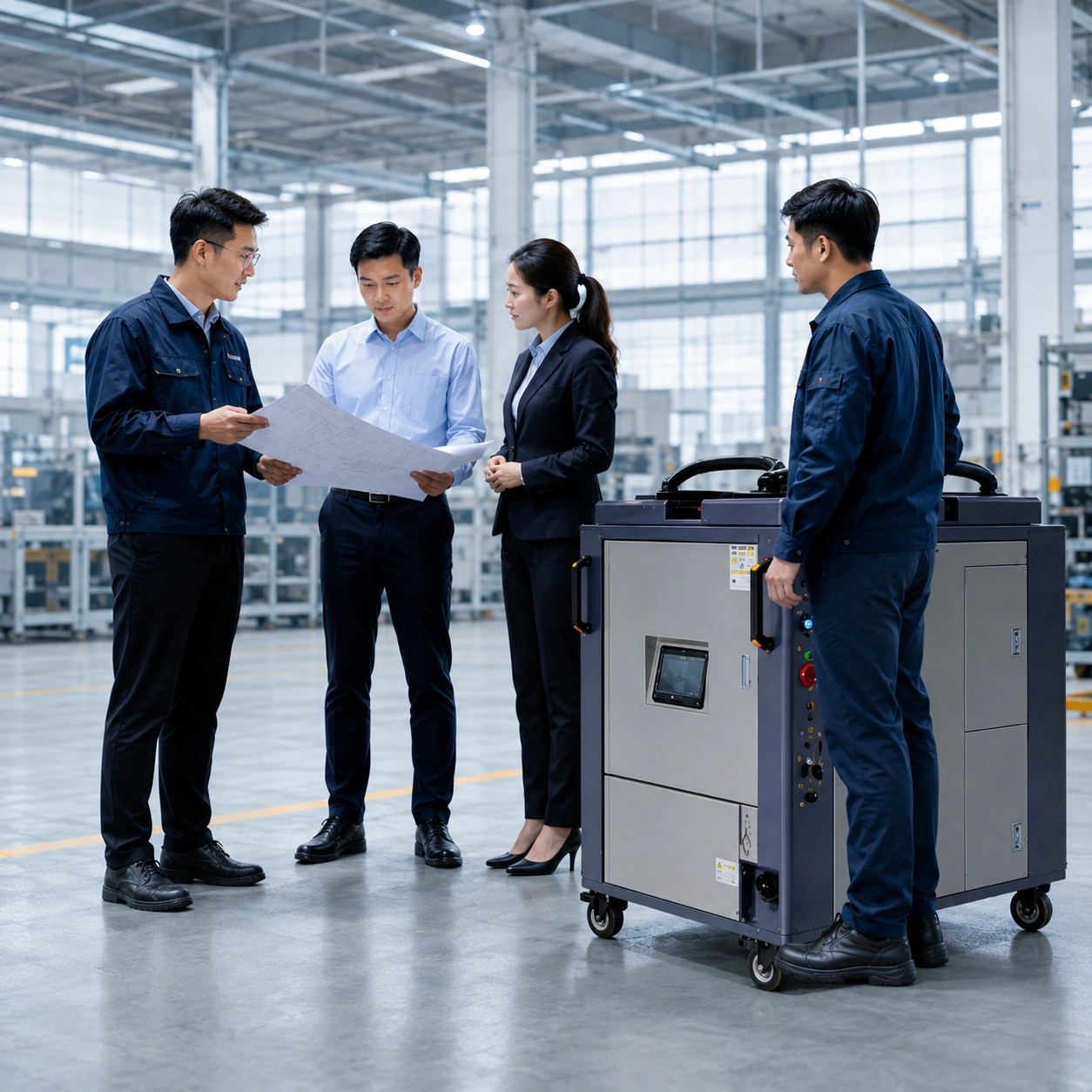 Chinese engineering team and customer conduct acceptance communication next to the equipment