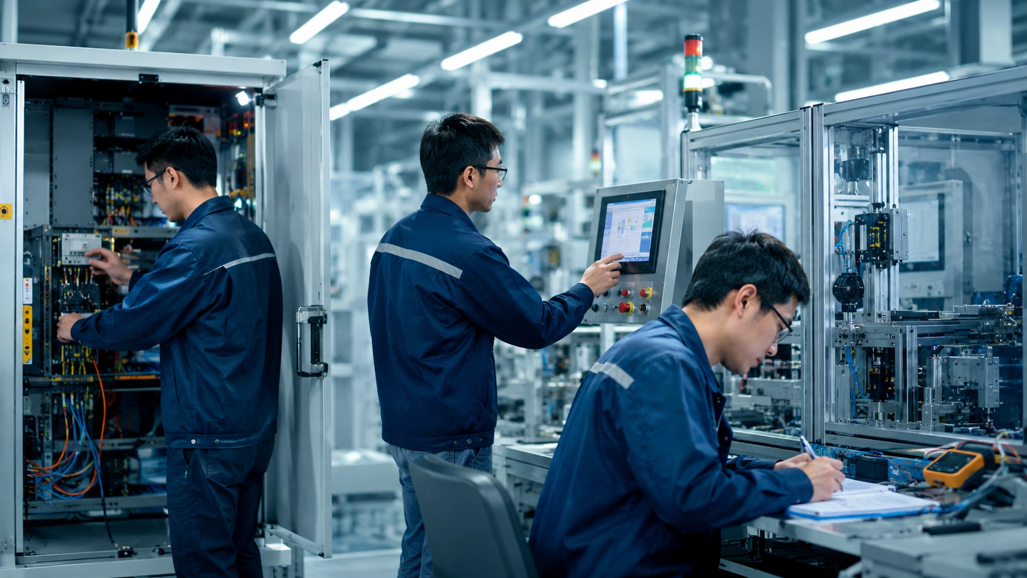 Engineers conduct on-site debugging and problem investigation next to automation equipment
